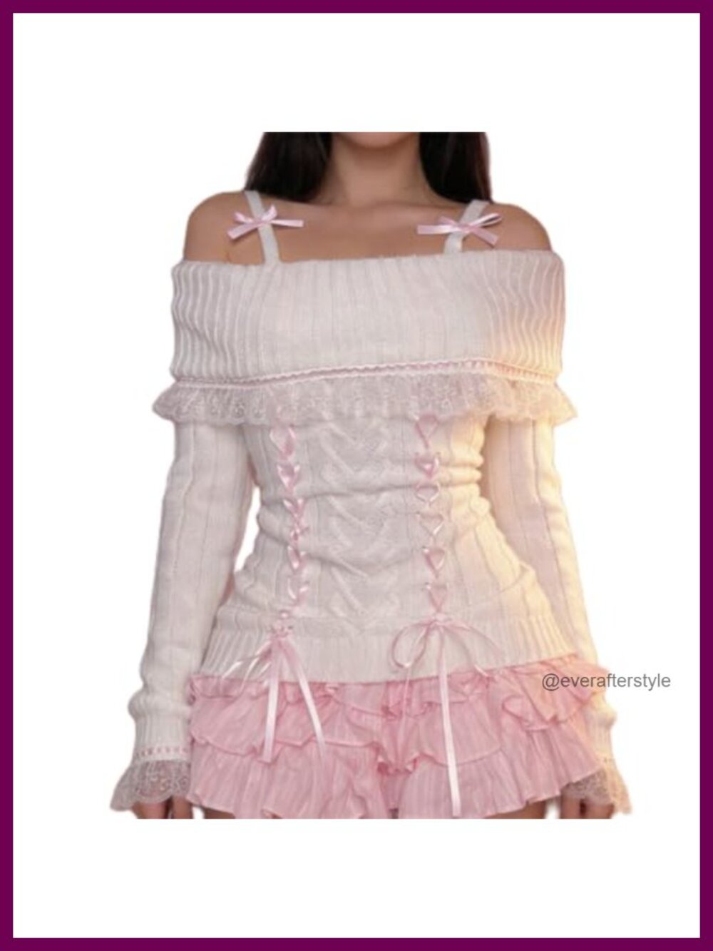 Kawaii Off Shoulder Lace Trim Acrylic Knit Pullover Sweater Y2K Coquette